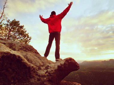 Mutlu bir adam havada rams ile zafer jesti. Kaya tepe üzerinde komik fiyatı