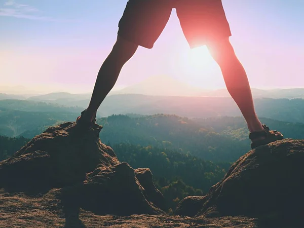 Passi sopra la giungla. Sole tra le gambe. Fare gambe nude in pantaloni e sandali da trekking fare passo su roccia — Foto Stock