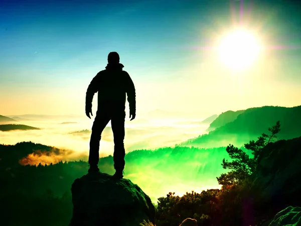 The man standing high on cliff. Hiker climbed up to rocky peak and enjoy view to valley bellow. — Stock Photo, Image