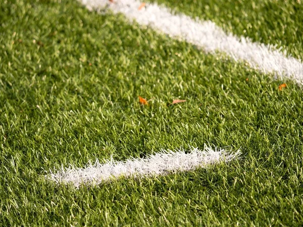 Segni linea bianca dipinta su sfondo tappeto erboso verde artificiale. Confine con Playfield . — Foto Stock