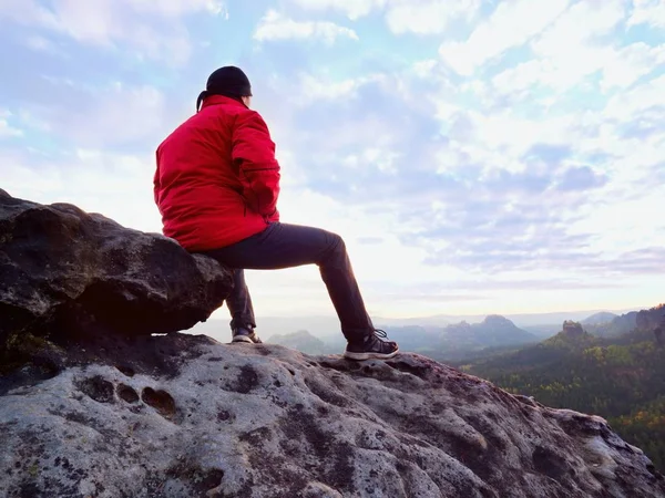 Один турист з кепкою і спортивним одягом на відкритому повітрі стоїть на краю скелі, спостерігаючи в долині національного парку — стокове фото