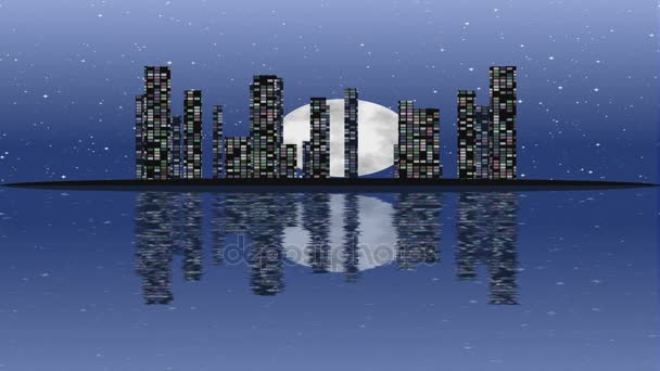 Vollmondnacht Stadtbild Mit Beleuchteten Gebäuden Auf Der Insel Wolkenkratzer Leuchten — Stockvideo
