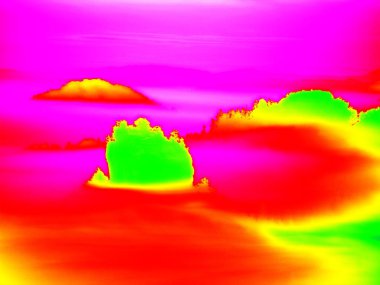 Termografi fotoğraf. Hayvan görünümü. Bahar manzara. Tepeler, orman ve chaned renkler için ultraviyole ile sis.