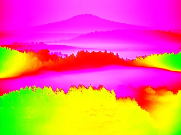 Thermography photo. Animal view. Spring landscape. Hills, forest and fog with chaned colors to ultraviolet. — Stock Photo, Image
