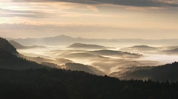 秋の日の出。反転天気内美しい丘陵の風景に深い森. — ストック写真