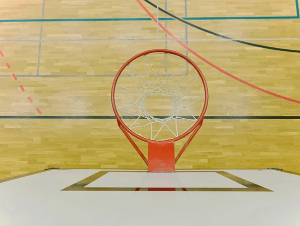 Interiér školní tělocvična s basketbal a košík. Záchranné sítě přes windows. — Stock fotografie