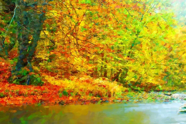 Oil painting.Stony river covered by orange beech leaves. Fresh colorful leaves in water