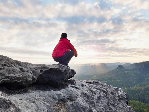 Rear View Alone Hiker Dark Red Outdoor Clothes Sitting Rock — Stock Photo, Image