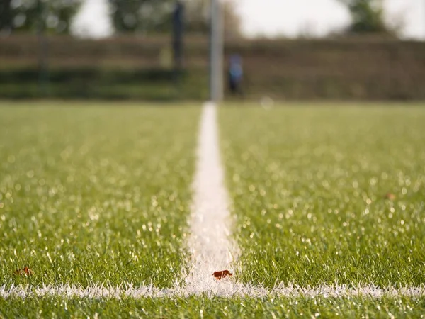 Segni linea bianca dipinta su sfondo tappeto erboso verde artificiale. Confine con Playfield . — Foto Stock