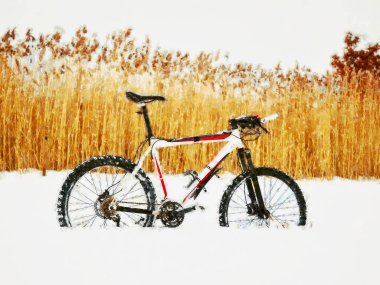 Oil painting. The  mountain bike stay in snow. Lost path in deep snowdrift. Snow melting on dark off road tyre. clipart