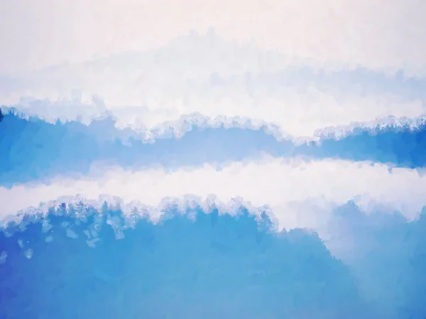 Oil painting. Dreamy landscape lost in thick fog. Fantastic morning , foggy valley.