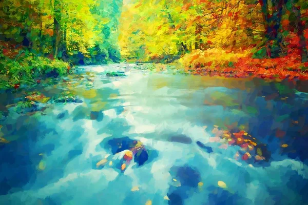 Pintura a óleo. Rio pedregoso coberto por folhas de faia laranja. Folhas coloridas frescas na água — Fotografia de Stock