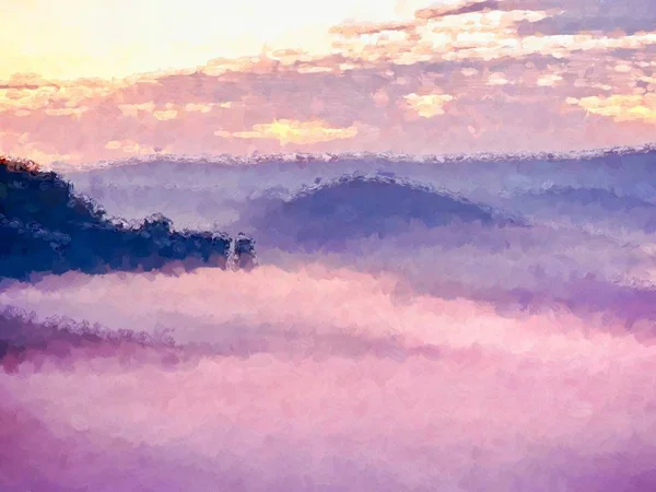 Olaj festmény. Éles sziklák csíkokra vágott tejszínes köd. Álmodozó táj belül esős éjszaka után hajnalban — Stock Fotó