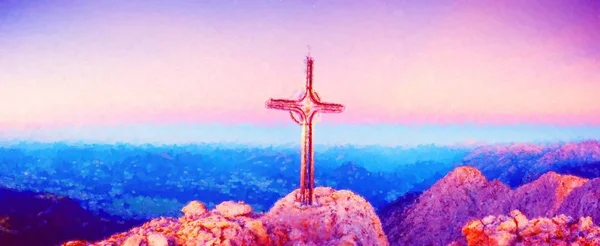 Olaj festmény. Hoher Goell őszi hajnalban panoráma. Iron cross hegy tetején az Alpokban — Stock Fotó
