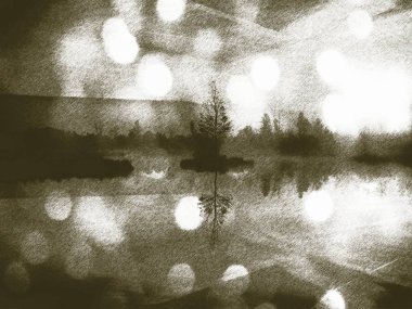 Llithographic tekniği. Sabah erken sonbahar dağ gölü rüya gibi bir atmosferde