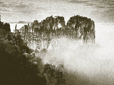 Llithographic tekniği. Rüya gibi dağlık manzara kalın siste kaybettim. Harika sabah