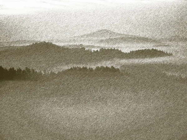 Llithographic τεχνική. Misty κοιλάδα ανάμεσα στους λόφους. Κορυφές των Ορέων — Φωτογραφία Αρχείου