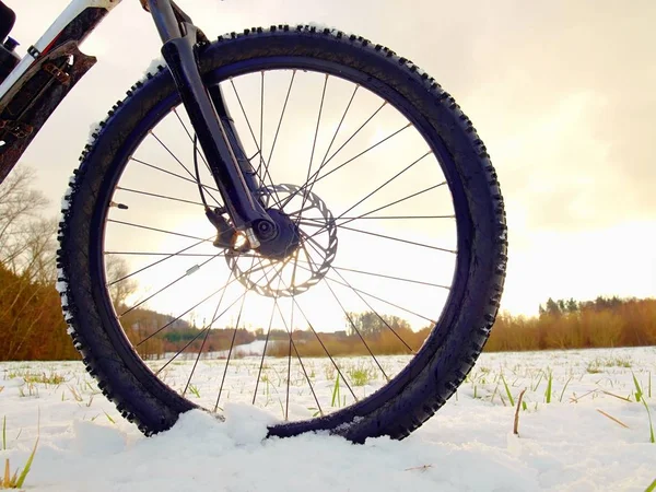Framhjulet av mountainbike bo i snö. Snöflingor smältande på mörk off road däck. — Stockfoto