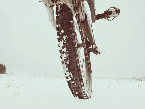 Foto de tornozelo baixo de hweel traseiro de mtb em snowdrift. Imagem tirada dentro da viagem de bicicleta de inverno — Fotografia de Stock