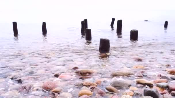 Romantisk Atmosfär Färgsprakande Solnedgång Havet Stenig Strand Med Vågbrytaren Polacker — Stockvideo
