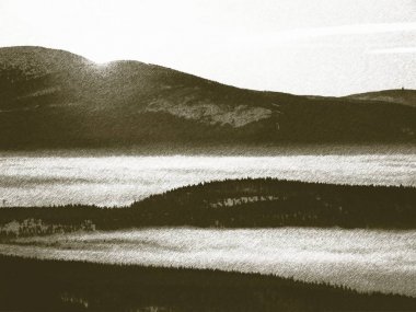 Llithographic tekniği. Rüya gibi dağlık manzara kalın siste kaybettim. Harika sabah