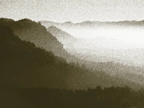 Llithographic technika. Mlhavé údolí mezi kopci. Vrcholky hor — Stock fotografie