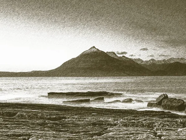 Llithographische Technik. niedriger Winkel mit Blick auf Offshore-Felsen und glattes Meer — Stockfoto