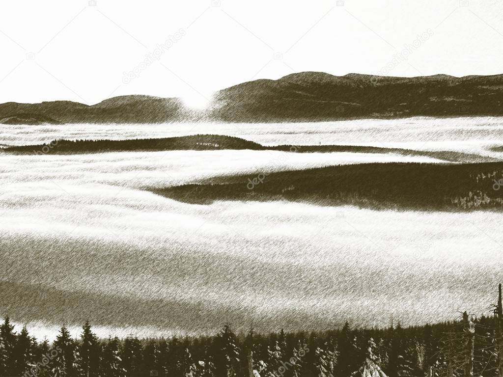 Llithographic technique. Misty valley between hills. Peaks of  mountains 