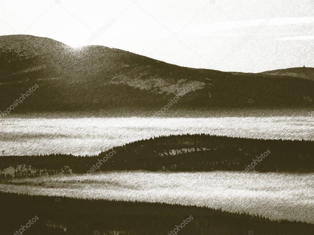 Llithographic technique. Dreamy hilly landscape lost in thick fog. Fantastic morning