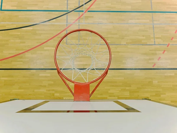 View through basketball hoop. Looking to floor through white net from up — Stock Photo, Image