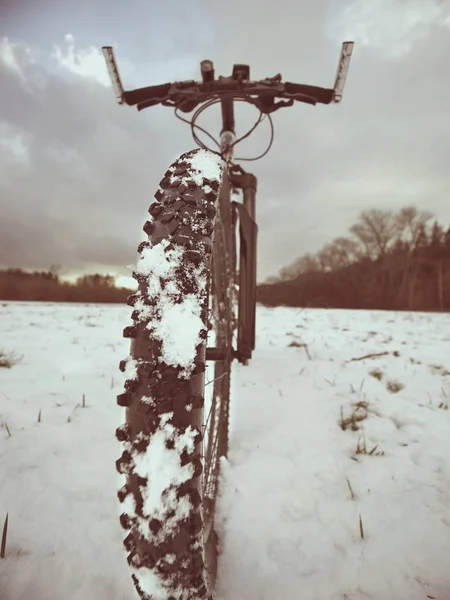 La roue du vélo dans la neige. Vue détaillée extrême près de la cheville basse. Neigeux classé — Photo