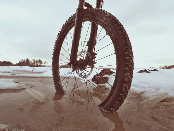 ホイールは、mtb の冬の旅しながら泥の水たまりに落ちた。雪下に隠された水. — ストック写真