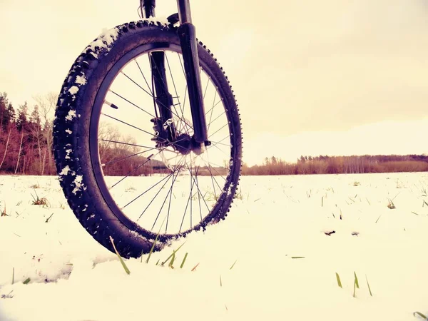 粉の雪のマウンテン バイク。雪の吹きだまりで失われたパス。ホイール詳細 — ストック写真