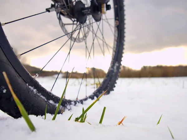 Nieve de invierno montada en bicicleta de montaña. Clima extremo, camino resbaladizo en el campo, vista cercana — Foto de Stock