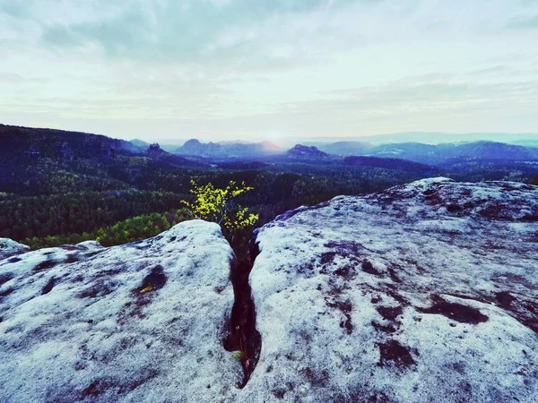 Emptzy the summit of sandstone mountain peak. Warm rays of rising sun. — Stock Photo, Image