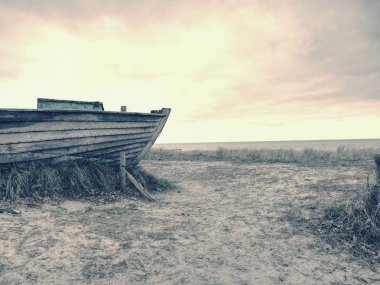 Terk edilmiş wrecked tekne kum sıkışmış. Kumlu sahilde eski ahşap tekne 