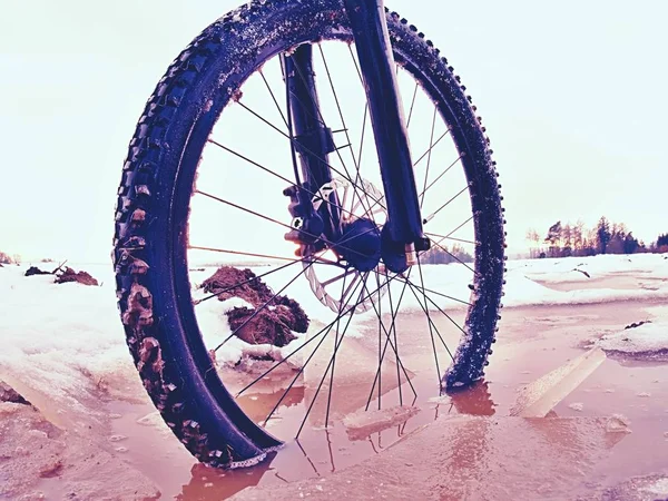 Колесо горного велосипеда пробило лёд в воду. Наслаждайтесь зимним велосипедом с удовольствием — стоковое фото