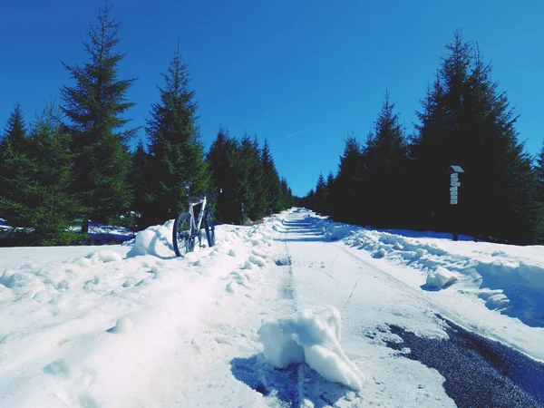 Mountainbike i snö. Cykling på stora däck hjul i nysnö. — Stockfoto