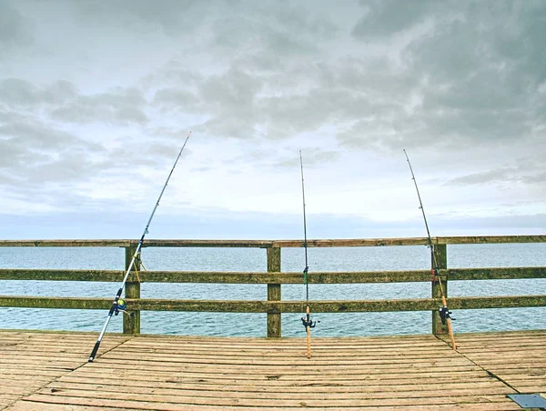 De staven van de vissers tegen de leuning van houten brug. Vissen op haven mol. Bewolkte dag — Stockfoto