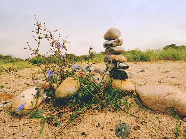 Vikta småsten pyramid. Rundade pebble stenar på en strand vid havet — Stockfoto