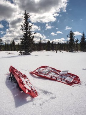 Karda kar ayakkabıları. Kış iz karlı tepeler ve dağlar.