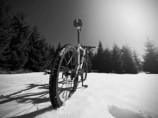 Ciclismo Invierno Montañas Nevadas Grandes Ruedas Neumáticos Bicicleta Montaña Día — Foto de Stock