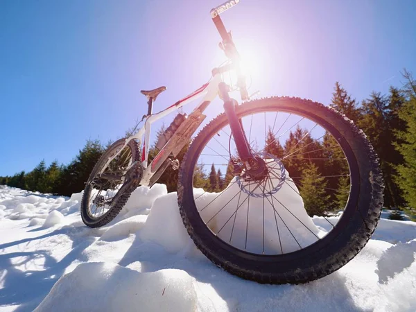 Zamknij Widok Szeroki Rowerze Górskim Pozostaje Śniegu Zimą Snowy Góry — Zdjęcie stockowe