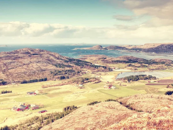 The picturesque valley and fjord.  Aerial view to bay with fishing village — Stock Photo, Image