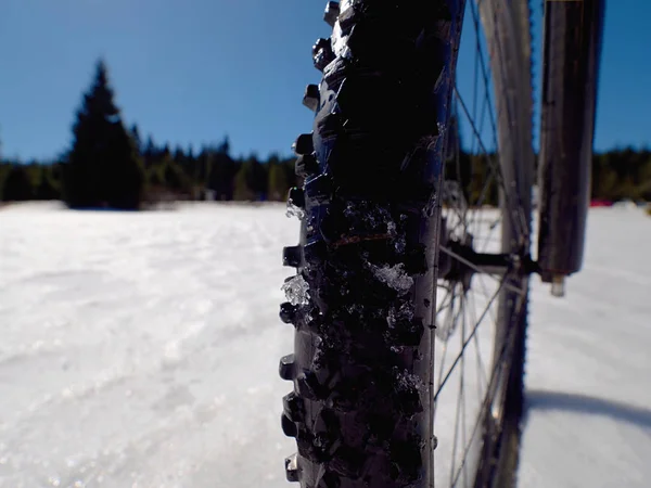 Ridning på mountainbike i skogen snöiga vintern. Galna äventyr. — Stockfoto