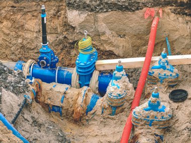 Pipes and valves underground. Repare of water supply interruption. Drink water piping with 300mm