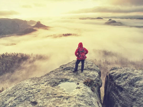 Осенний поход в туманные скалистые горы для искателя приключений — стоковое фото