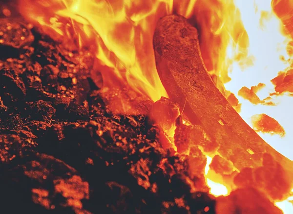 Кузнец работает металлическая плита, лошадиная обувь предварительного нагрева — стоковое фото
