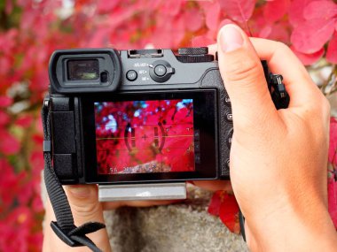 Profesyonel mercekli modern aynasız kamera fotoğraf çekiyor. 