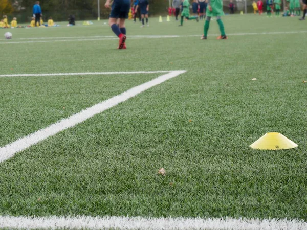 Zbliżenie boiska do piłki nożnej w ramach treningu dla dzieci. Trawa zielona — Zdjęcie stockowe